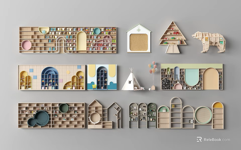 Creative Kids Bookcases With Wooden Design Various Shapes And Decorative Elements 3d model 
