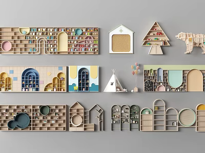 Creative Kids Bookcases With Wooden Design Various Shapes And Decorative Elements 3d model