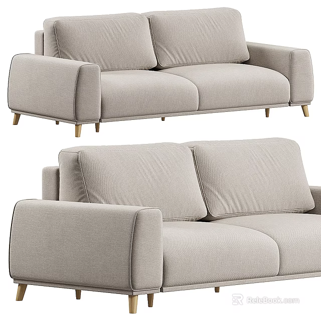 Modern Light Beige Two-Seater Sofa With Wooden Legs And Fabric Upholstery 3d model 