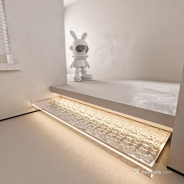 Modern White Wall Interior Featuring Decorative Rabbit Figure Platform Step and LED Strip Lighting 3d model 