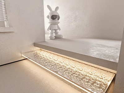 Modern White Wall Interior Featuring Decorative Rabbit Figure Platform Step and LED Strip Lighting 3d model