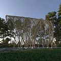 Artistic Pergola Design With Woven Vine Like Structure And Green Tree Surroundings