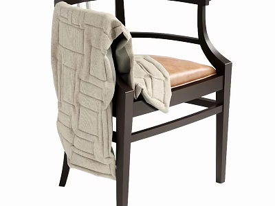 Dark Wooden Frame Armchair With Brown Leather Seat And Light Gray Textured Blanket On Armrest 3d model
