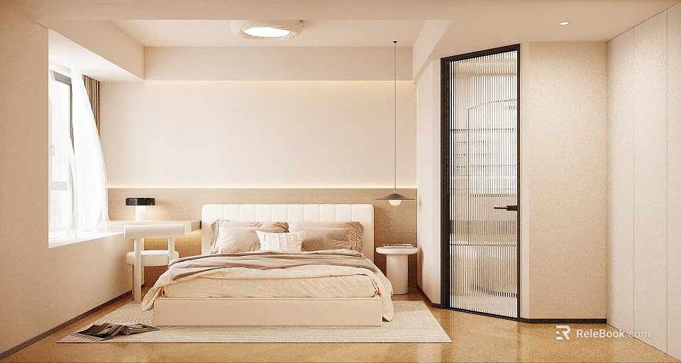 Modern Bedroom Interior Design With Beige Bed Nightstand Pendant Light And Glass Door 3d model 