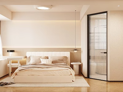 Modern Bedroom Interior Design With Beige Bed Nightstand Pendant Light And Glass Door 3d model