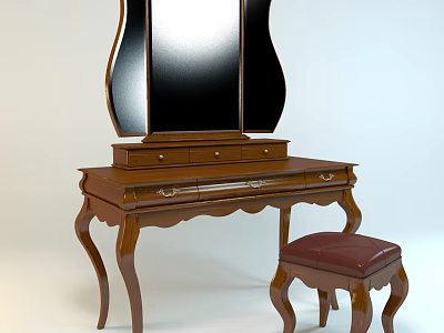 Elegant Wooden Dressing Table With Mirror Drawers Curved Legs And Matching Stool 3d model