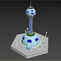 Industrial Equipment Tower Structure With Blue White Spherical Top Hexagonal Base And Figures On Base