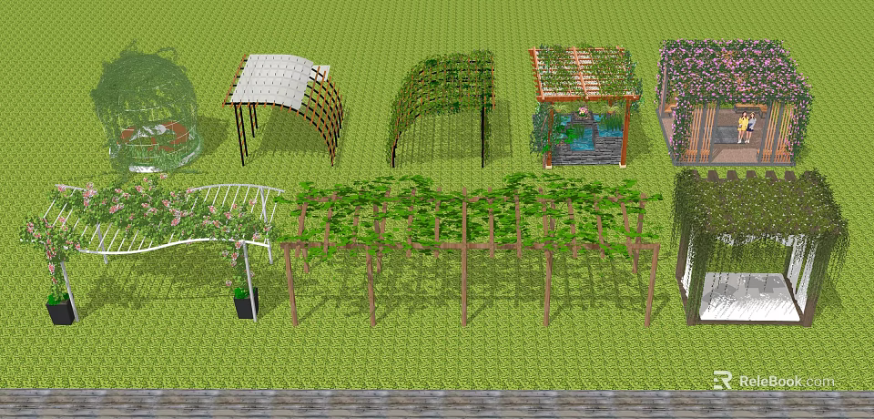 Outdoor Garden Pergolas With Green Vines Various Arch Structures And Grass Background 3d model 