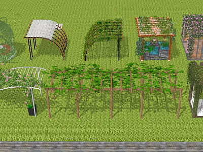 Outdoor Garden Pergolas With Green Vines Various Arch Structures And Grass Background 3d model