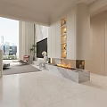 Modern Living Dining Room Interior With TV Sofa Round Marble Coffee Table And Accent Chair