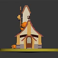 Rustic Country Cottage With Red Roof White Walls And Windmill Decorated With Pumpkins