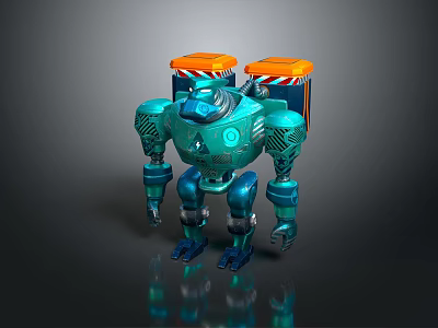 Detailed Teal Robot Design With Orange Top Parts And Mechanical Arms Legs 3d model