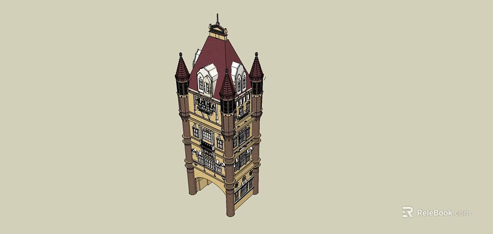 Classic Tower Design With Red Roof Spires Clock Multiple Floors And Decorative Windows 3d model 
