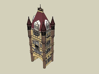 Classic Tower Design With Red Roof Spires Clock Multiple Floors And Decorative Windows 3d model