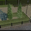 Elegant Garden Landscape Featuring Trimmed Hedges Trees Wrought Iron Fence And Pathway