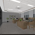Modern Office Interior With Wooden Desks Computers Bookshelves Plants And Large Windows