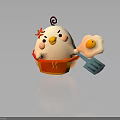 Cartoon Chicken Character In Red Apron With Fried Egg And Blue Spatula