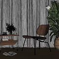 Modern Leisure Chair with Wooden Backrest Metal Legs and Large Green Plant Near Window