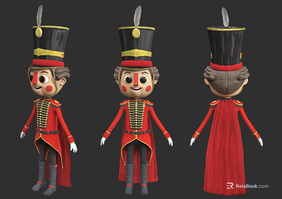 Cartoon Nutcracker Game Movie Character With Red Uniform Black Hat And Cape Three Views 3d model 