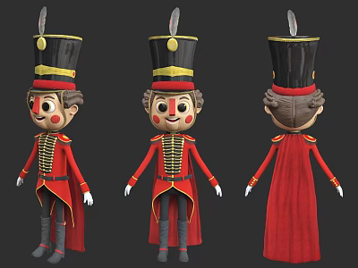 Cartoon Nutcracker Game Movie Character With Red Uniform Black Hat And Cape Three Views 3d model