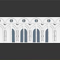 Symmetrical White Columns And Arches In Indoor Architectural Space With Smooth Floor And Blue Doors