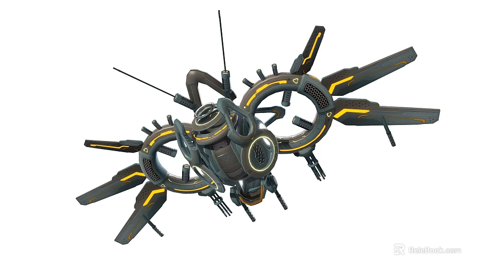 Futuristic Sci-Fi Mechanical Device With Circular Structures Mechanical Arms And Yellow Accents 3d model