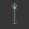 Decorative Medieval Spear Weapon With Ornate Top Green Accents And Silver Shaft