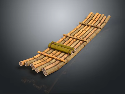Traditional Handmade Wooden Boat Crafted from Bamboo Poles with Green Rolled Mat 3d model