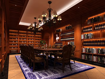 Elegant Wine Cellar With Wooden Wine Racks Dining Table Chairs And Chandelier 3d model