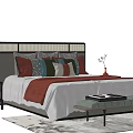 Double Bed with Modern Metal Headboard Colorful Pillows Red Blanket Bedside Bench and Rug