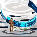 Modern Technology Exhibition Hall With Curved White Design Circular Ceiling Lights And Interactive Digital Displays