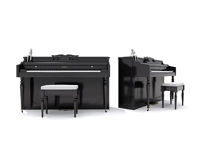 Black Upright Pianos With Matching Stools For Musical Instrument 3d model