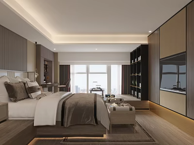 Modern Hotel Guest Room Interior Design With King Bed City View Window And Wooden Floor 3d model