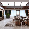 Elegant New Chinese Style Living Room With Solid Wood Furniture And Decorative Wooden Ceiling Design