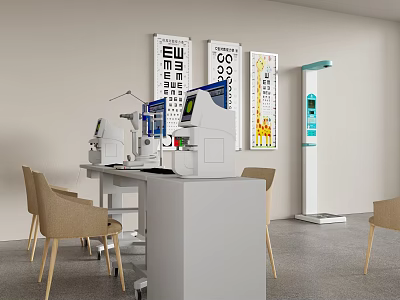 Medical Devices Including Ophthalmic Equipment Vision Charts And Height Weight Scales In Clinic Examination Room 3d model