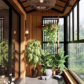 Natural Home Balcony Interior With Green Plants Tea Set And Wooden Decor