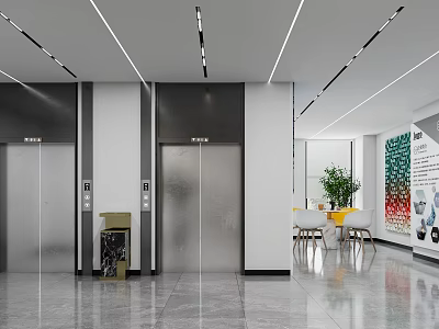 Modern Elevator Lobby With Silver Elevators Lighting Strips Marble Floor Green Plant And Decorative Painting 3d model