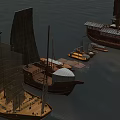 Traditional Wooden Boats With Sailing Masts Canopies And Calm Water Surface