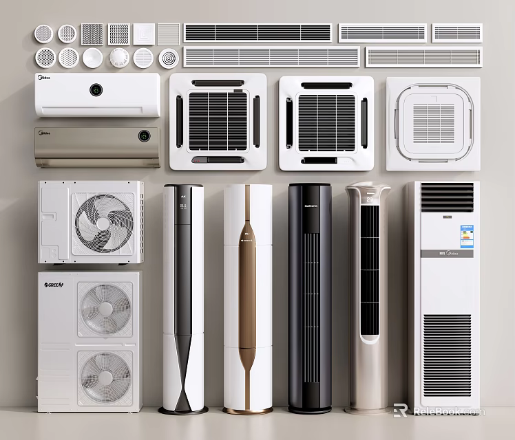 Collection of Air Conditioners and Fans Featuring Modern Designs and Various Styles 3d model 