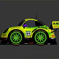 Porsche Racing Car Yellow Exterior With Green Wheels Rear Wing And Sponsor Logos