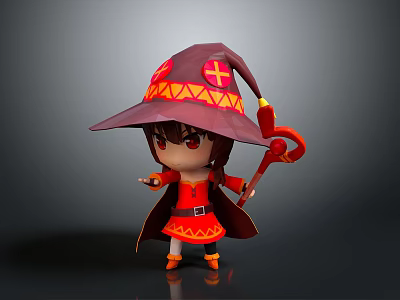 Cute Cartoon Female Character In Red Wizard Robe With Purple Hat Holding Red Staff 3d model