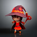 Cute Cartoon Female Character In Red Wizard Robe With Purple Hat Holding Red Staff