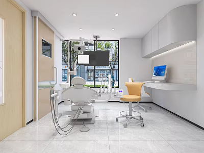 Modern Dental Clinic Interior With Dental Chair Medical Equipment Computer And Cabinets 3d model