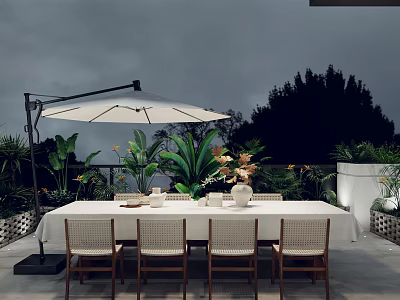 Outdoor Garden Landscape With Dining Table White Tablecloth Chairs Umbrella And Lush Green Plants 3d model