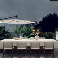 Outdoor Garden Landscape With Dining Table White Tablecloth Chairs Umbrella And Lush Green Plants