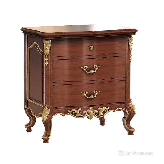 Classical Wooden Bedside Table with Gold Accents Ornate Carvings and Three Drawers 3d model 