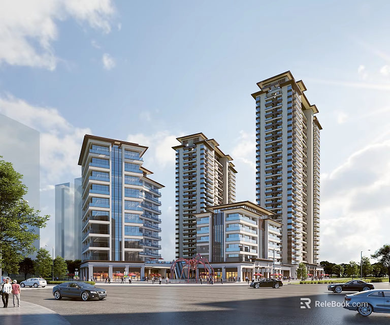 Modern Commercial Street View With High Rise Buildings Shops Cars And Pedestrians 3d model 