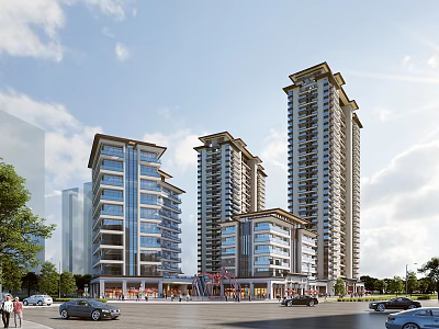 Modern Commercial Street View With High Rise Buildings Shops Cars And Pedestrians 3d model