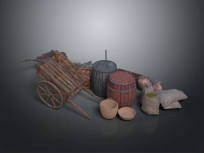 Vintage Rustic Scene With Wooden Cart Barrels Clay Pots Sacks And Wooden Bowls 3d model