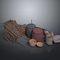 Vintage Rustic Scene With Wooden Cart Barrels Clay Pots Sacks And Wooden Bowls